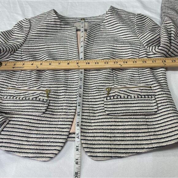 Womens Black & Light Cream Tweed Striped Crop Boxy Fit Blazer Suit Jacket Size 8 - Picture 8 of 15